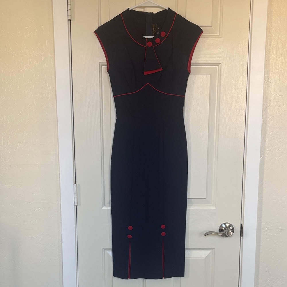 Vintage Style 1950s Stop Staring Navy Dress with Red Accents